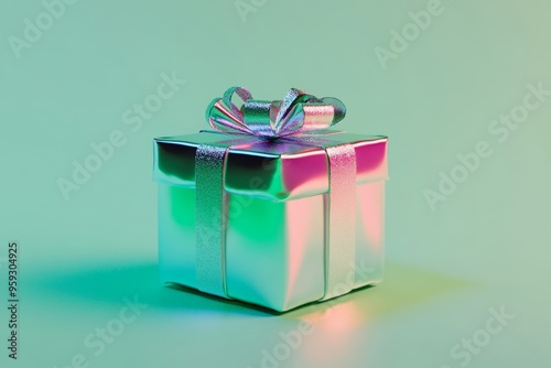 Gift of Joy: A single silver gift box with a white bow sits on a vibrant green background, illuminated by colorful spotlights, creating a captivating and festive atmosphere. The image is perfect for c