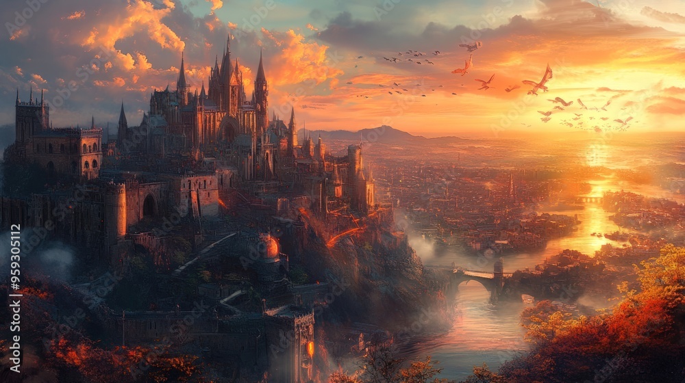 A majestic, ancient city perched atop a hill, bathed in the warm glow of a fiery sunset. A river winds through the valley below, and a bridge connects the city to the distant land. A majestic, ancient city perched atop a hill, bathed in the warm glow of a fiery sunset. A river winds through the valley below, and a bridge connects the city to the distant land.