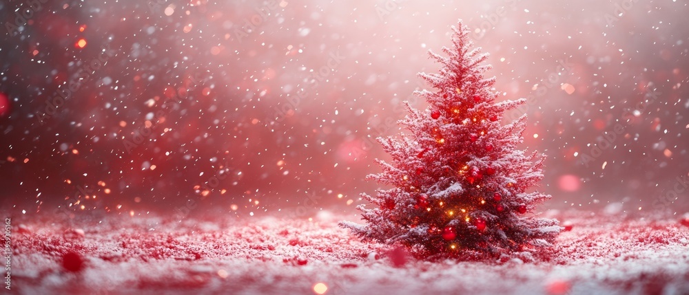Snow-covered red Christmas tree glowing in a dreamy, snowy landscape, creating a serene and festive holiday atmosphere. Snow-covered red Christmas tree glowing in a dreamy, snowy landscape, creating a serene and festive holiday atmosphere.