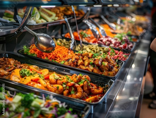 Food court with diverse dishes, vibrant and lively, Urban, Bright hues, Photograph, Culinary diversity