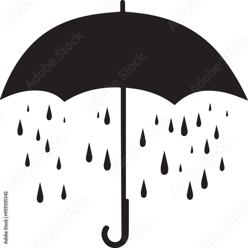 Umbrella with rain drops silhouette, flat silhouette of drizzling icon