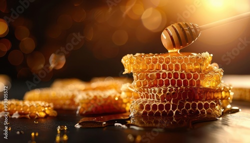 Honeycomb with fresh honey, rich and golden, Botanical, Warm tones, Photograph, Natural sweetness photo