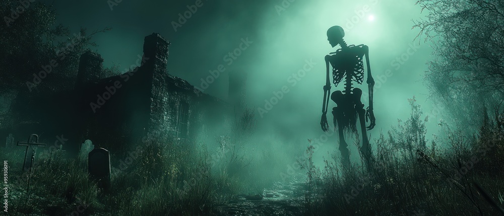 Fototapeta premium A Skeleton Stands in a Foggy Graveyard at Night