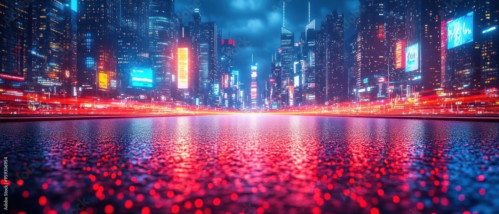 Fototapeta premium Neon Cityscape with Reflections on Wet Pavement