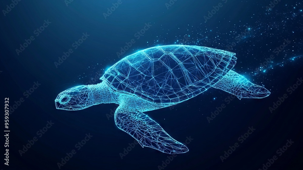 Abstract swimming sea turtle in polygons on technology blue background. Low poly wire frame marine life concept. Polygonal 3D vector illustration. Abstract swimming sea turtle in polygons on technology blue background. Low poly wire frame marine life concept. Polygonal 3D vector illustration.