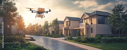 An AI-powered drone delivering a package to a smart home, symbolizing the future of logistics and delivery