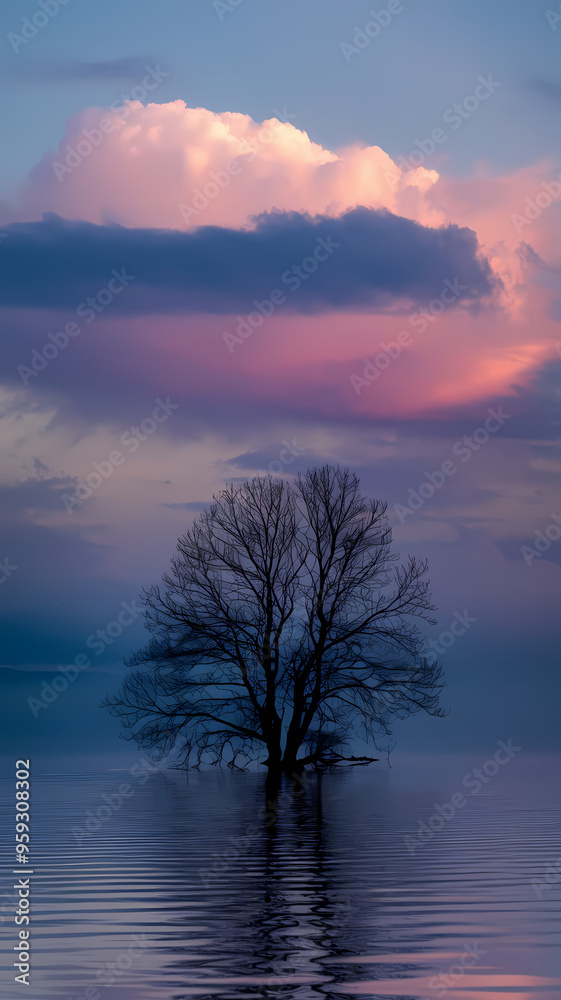 A solitary tree stands majestically in the center of a tranquil lake, reflecting its beauty on the calm water surface. A solitary tree stands majestically in the center of a tranquil lake, reflecting its beauty on the calm water surface.