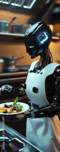 An AI-powered robotic chef preparing a gourmet meal in a futuristic kitchen, symbolizing the culinary applications of AI photo