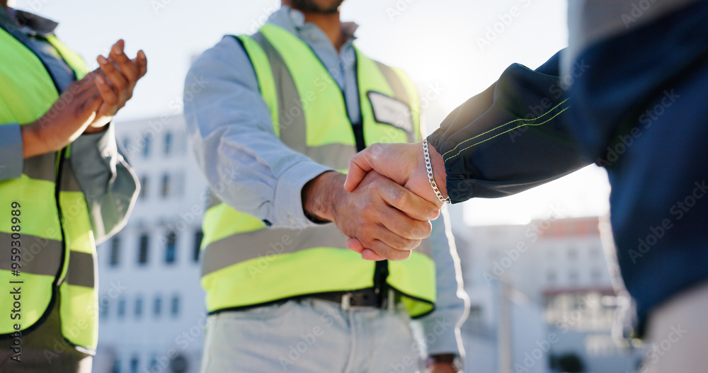 Business people, handshake and meeting with architect for construction deal, b2b or teamwork in city. Closeup, employees or civil engineer shaking hands for greeting or introduction in architecture Business people, handshake and meeting with architect for construction deal, b2b or teamwork in city. Closeup, employees or civil engineer shaking hands for greeting or introduction in architecture