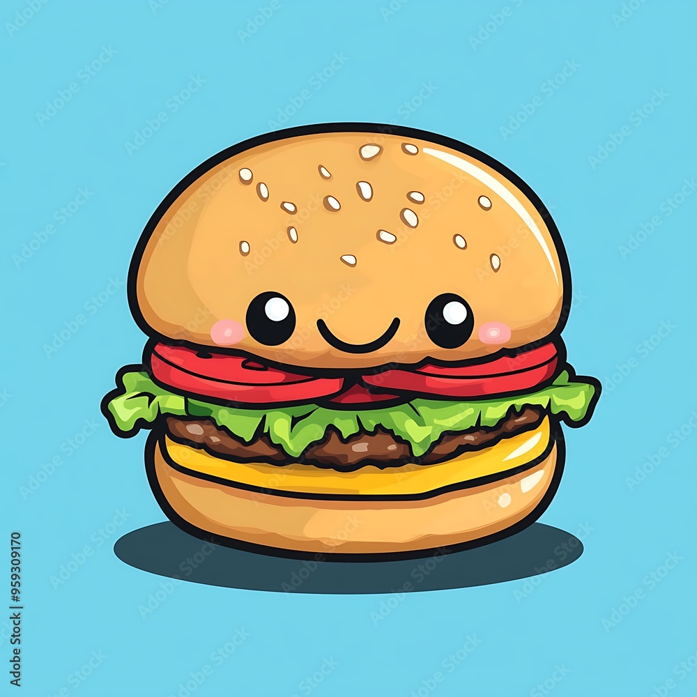 A Smiling Cartoon Hamburger with Sesame Seed Bun A Smiling Cartoon Hamburger with Sesame Seed Bun