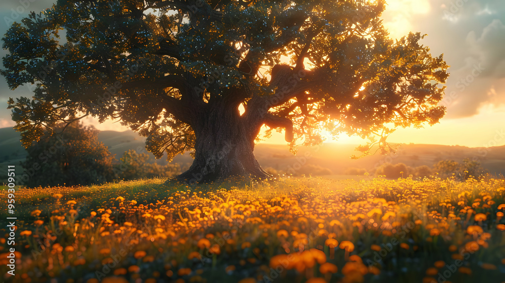 Golden Sunset Through Branches of Tree in Field of Flowers - 3D Illustration Golden Sunset Through Branches of Tree in Field of Flowers - 3D Illustration