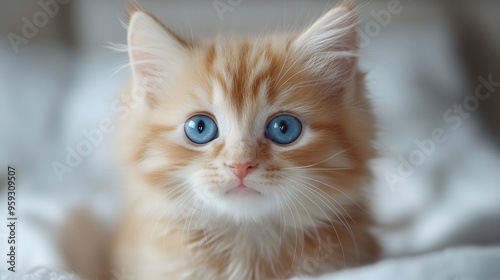 Fluffy kitten with big blue eyes sitting upright, looking curious.