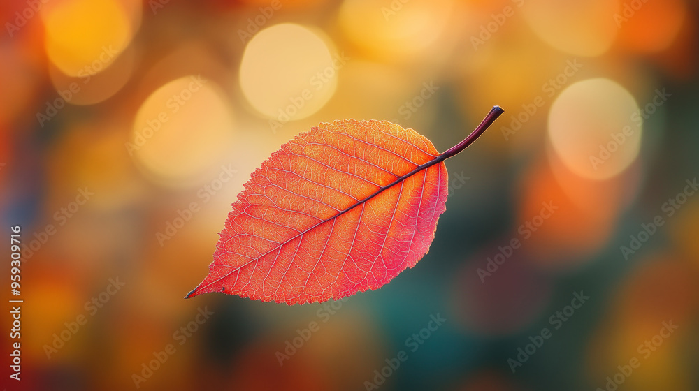 Obraz premium close up of red orange leaf macro on bokeh nature background backdrop