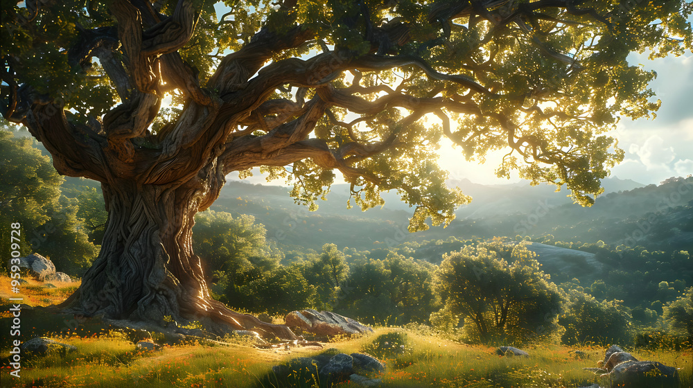 Fototapeta premium Majestic Ancient Tree in a Sunlit Forest Illustration