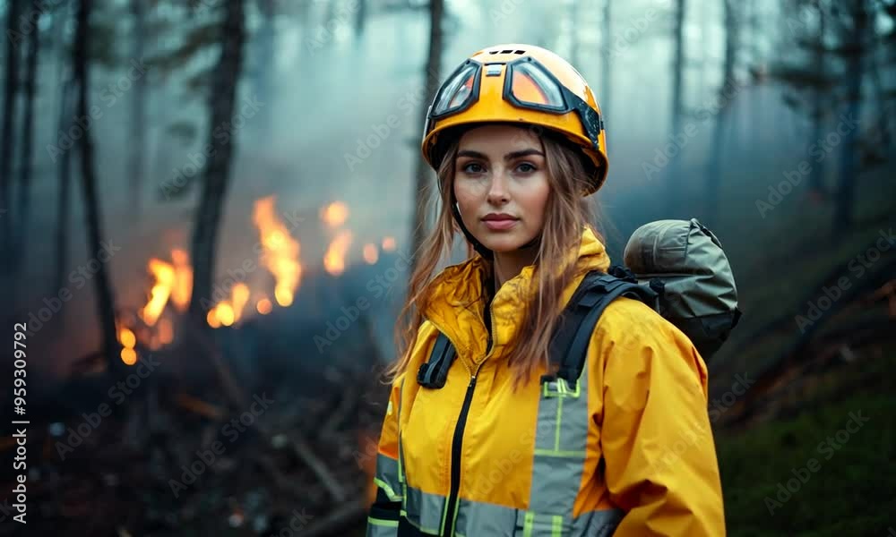 Firefighter Woman Standing in Front of Wildfire Firefighter Woman Standing in Front of Wildfire
