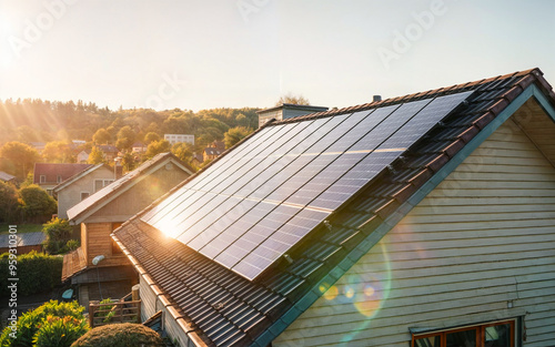 Solar roof on a single-family home reflects the sun