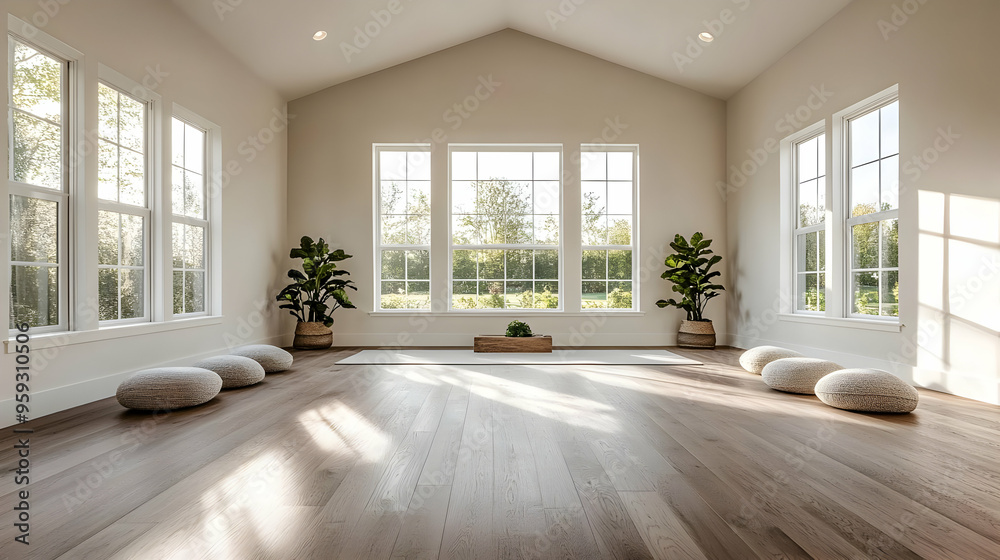 A bright, airy room with large windows overlooking a green lawn, featuring a white rug, wooden floor, and four round cushions. A bright, airy room with large windows overlooking a green lawn, featuring a white rug, wooden floor, and four round cushions.