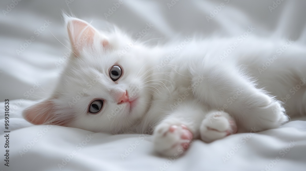 White kitten with pink nose lying on its back, paws tucked close. White kitten with pink nose lying on its back, paws tucked close.