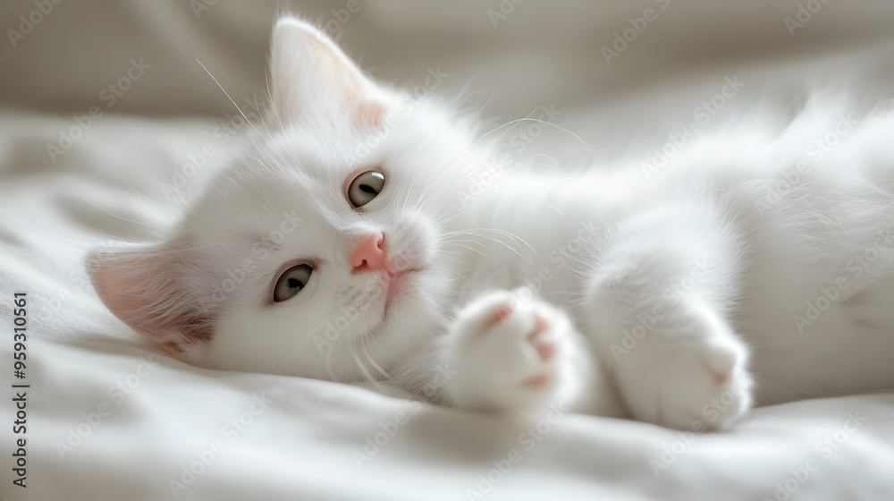Fototapeta premium White kitten with pink nose lying on its back, paws tucked close. 