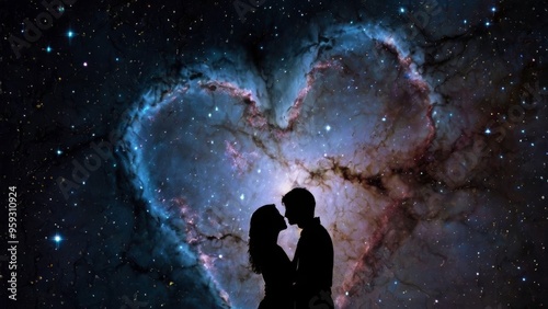 An ethereal scene of two lovers embracing in space, surrounded by constellations, with a glowing heart nebula illuminating the dark void, conveying cosmic love and connection.