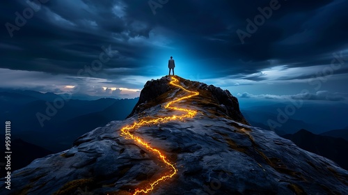 Overwhelming sense of purpose a figure stands on the peak of a mountain gazing out at a vast horizon their stance strong and determined as a glowing path forms before them symbolizing a newfound 