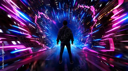 Overwhelming sensory overload a person stands at the center of a chaotic cityscape where lights sounds and movement bombard them from all directions their eyes are wide as they try to process 