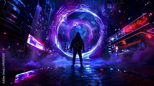 Overwhelming sensory overload a person stands at the center of a chaotic cityscape where lights sounds and movement bombard them from all directions their eyes are wide as they try to process 