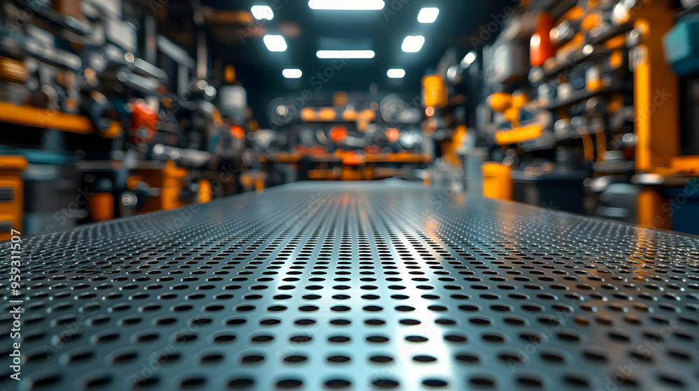 A close-up of a perforated metal surface with a blurred background of a workshop. A close-up of a perforated metal surface with a blurred background of a workshop.