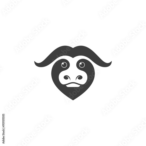 The cow head with heart shape face and horn - negative space logo design - editable vector