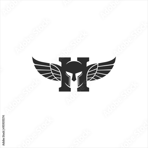 a majestic letter H with knight helmet and wings of hussars - medieval look logo - editable vector