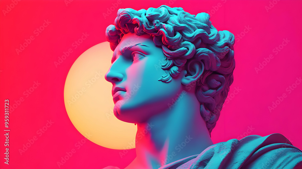 A close-up of an ancient Greek statue's face bathed in a vibrant blue and pink light.