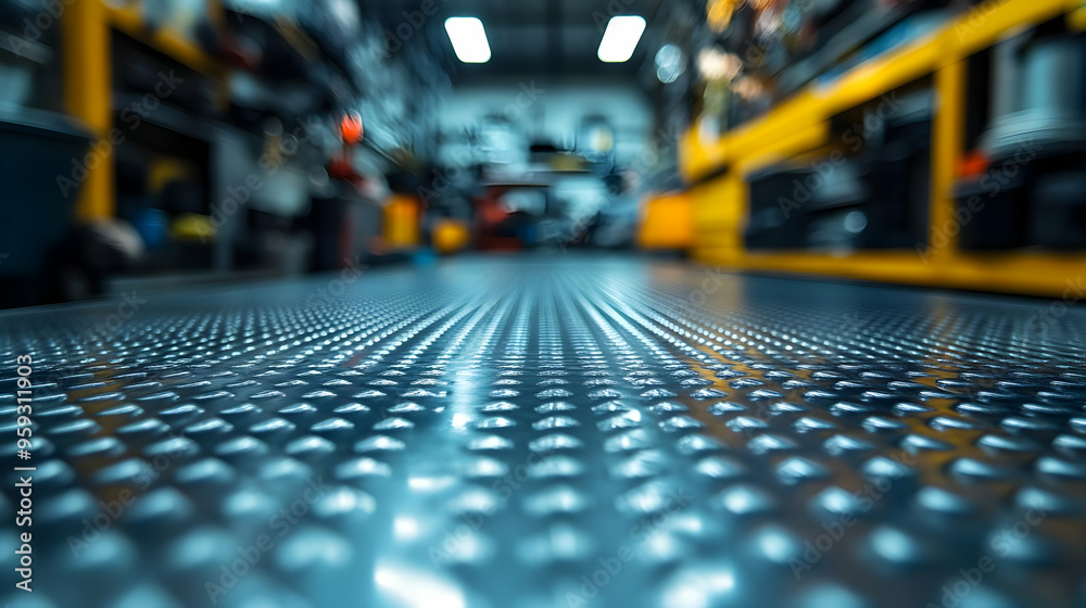 A close-up view of a steel floor with a diamond pattern, blurred background. A close-up view of a steel floor with a diamond pattern, blurred background.