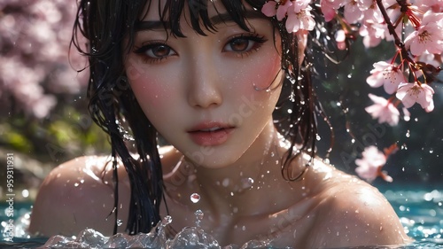 semi realistic artwork close up beautiful japanese or asian women under the rains and snow with cool background