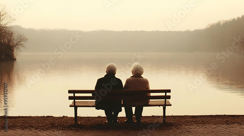 Wallpaper Mural A couple sits on a bench overlooking a still lake, enjoying the peaceful scenery of nature. Torontodigital.ca