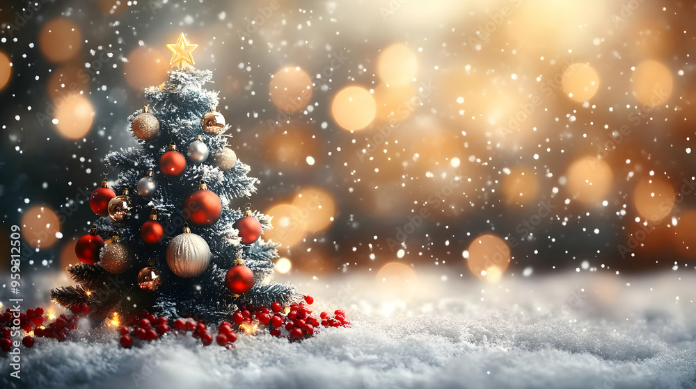 A decorated Christmas tree with red and gold ornaments on a snowy background with bokeh lights. A decorated Christmas tree with red and gold ornaments on a snowy background with bokeh lights.