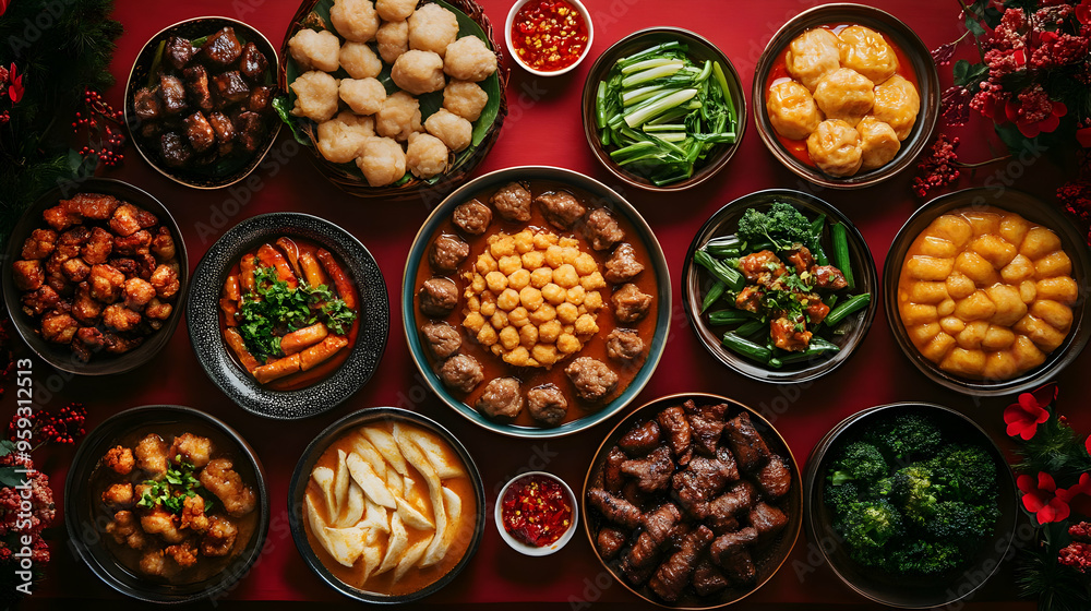 A delicious and diverse Chinese feast with multiple dishes on a red table. A delicious and diverse Chinese feast with multiple dishes on a red table.