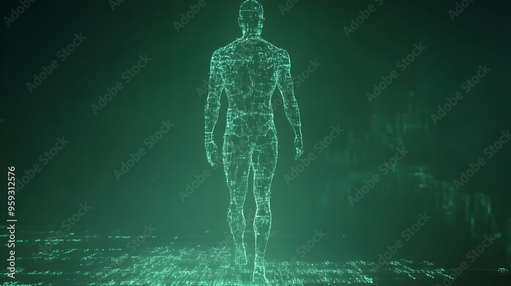 A digital human figure made of glowing green lines stands on a digital surface. A digital human figure made of glowing green lines stands on a digital surface.