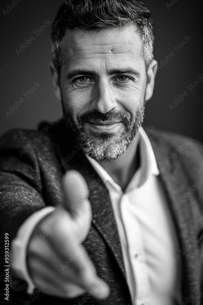 Fototapeta premium Professional Man in Formal Attire Offering Help with a Gentle Smile Against a Black Background