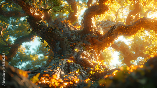 Sunlight Through Ancient Tree Branches 3D Illustration
