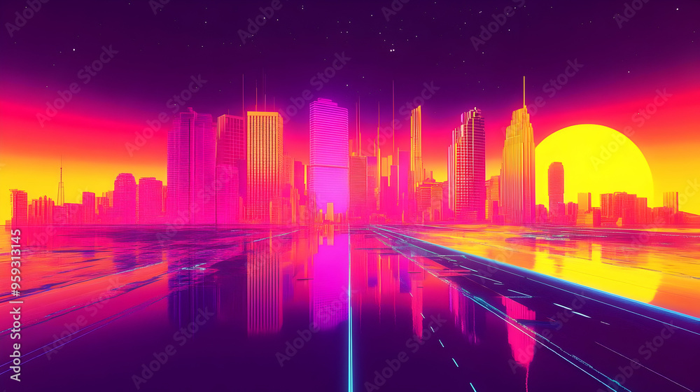 A futuristic city skyline with neon lights reflecting on a wet road under a bright yellow sun.