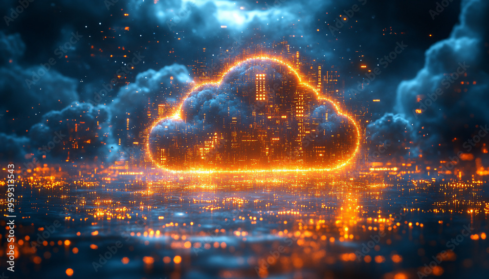 Futuristic hologram with cloud icon and digital data flow on blue and golden background. Suitable for technology, web, and digital communication concepts. Futuristic hologram with cloud icon and digital data flow on blue and golden background. Suitable for technology, web, and digital communication concepts.