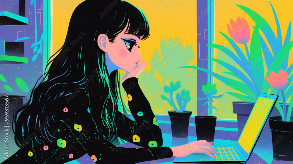 girl working with her laptop in her room, concept of studies, work, anime style girl working with her laptop in her room, concept of studies, work, anime style