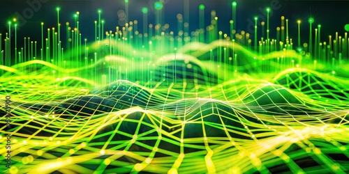 Big data processing. Abstract artificial neural network. Cyber field of wavy particles. 3d illustration of high tech background photo