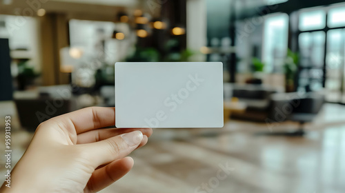 A hand holding a blank white card in a blurred modern interior with a couch in the background.