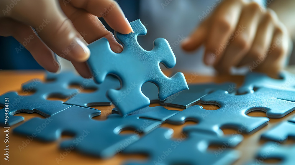 A hand places the final piece of a blue jigsaw puzzle. A hand places the final piece of a blue jigsaw puzzle.