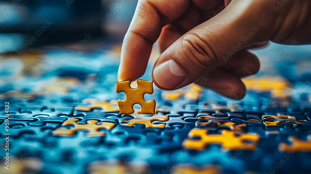 A hand places the final piece of a puzzle, symbolizing completion and success. A hand places the final piece of a puzzle, symbolizing completion and success.