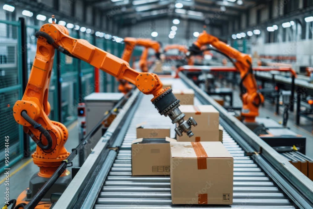 Modern industrial factory with orange robotic arms and carton boxes on conveyor belt Modern industrial factory with orange robotic arms and carton boxes on conveyor belt