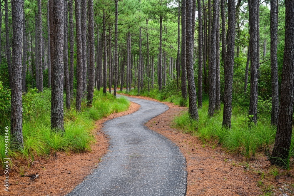 Fototapeta premium Bicycle path winding through a pine forest, inviting and serene