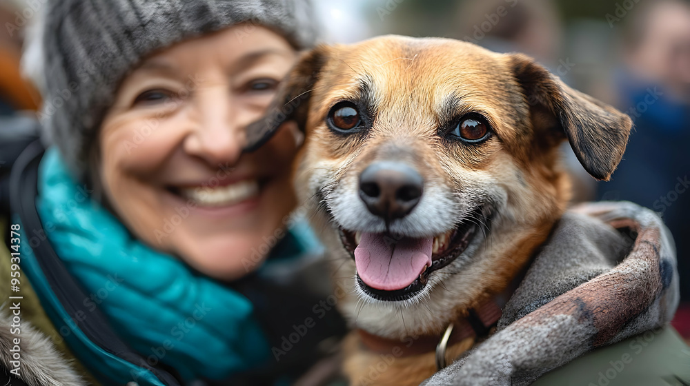 A happy woman in a blue scarf and a grey hat smiles while holding a brown dog that is also smiling. A happy woman in a blue scarf and a grey hat smiles while holding a brown dog that is also smiling.
