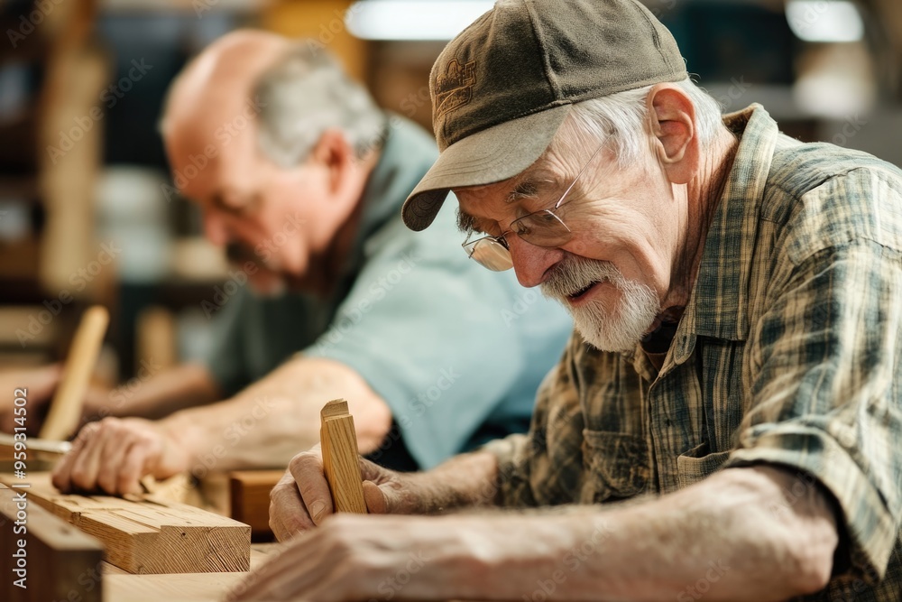 Elderly men in a woodworking class, each working on their own projects, learning new skills with the help of an experienced instructor Elderly men in a woodworking class, each working on their own projects, learning new skills with the help of an experienced instructor